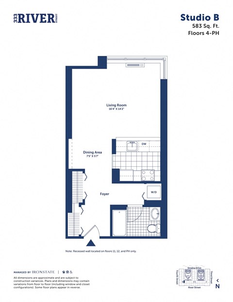 Floor plan for studio, 1 bath, 583 sqft